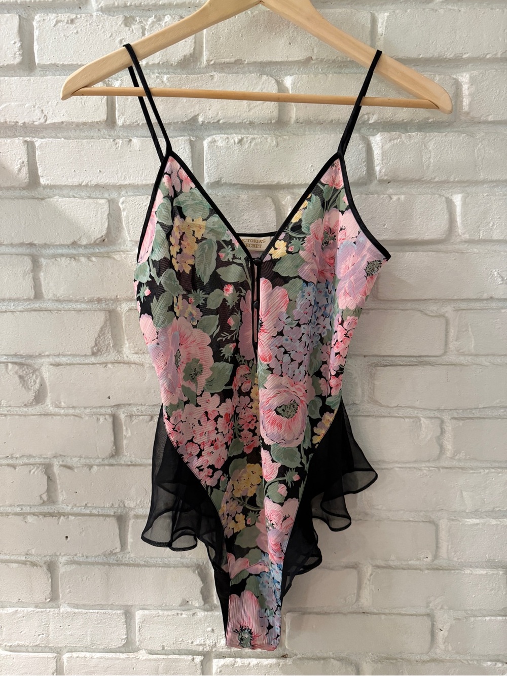 Vintage Victoria’s Secret Floral Teddy Bodysuit Black Mesh Ruffle Trim Like New - Picture 2 of 7